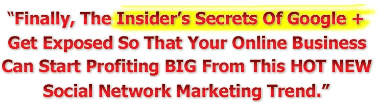 "Finally, The Insider's Secrets Of Google + Get EXPOSED So That Your Online Business Can Start Profiting BIG From This HOT NEW Social Marketing TREND."